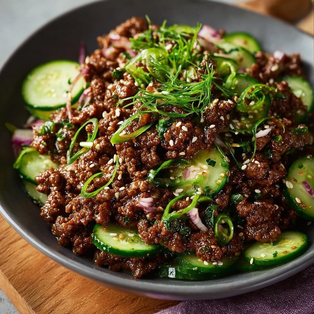 Spicy Keto Korean Ground Beef with Cucumber Salad