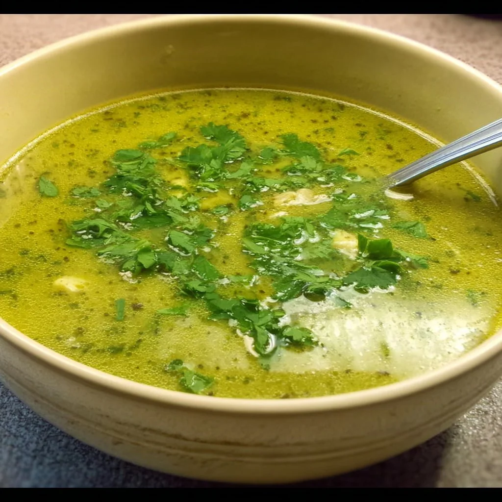 Bowl of healthy green soup made with fresh vegetables and herbs