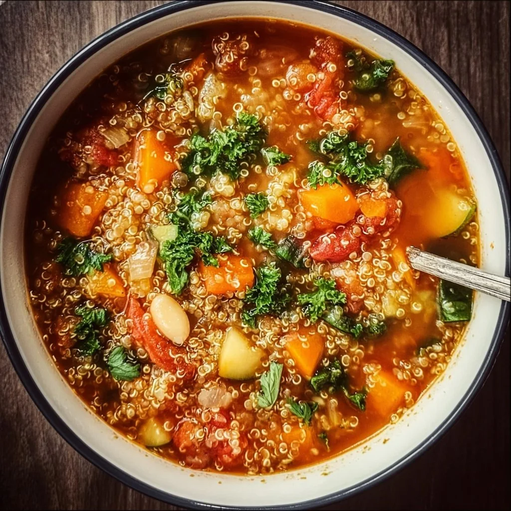 Bowl of healthy quinoa vegetable soup with fresh vegetables and herbs