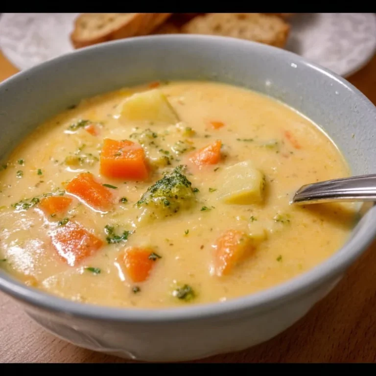 A bowl of hearty creamy vegetable soup with fresh vegetables and herbs