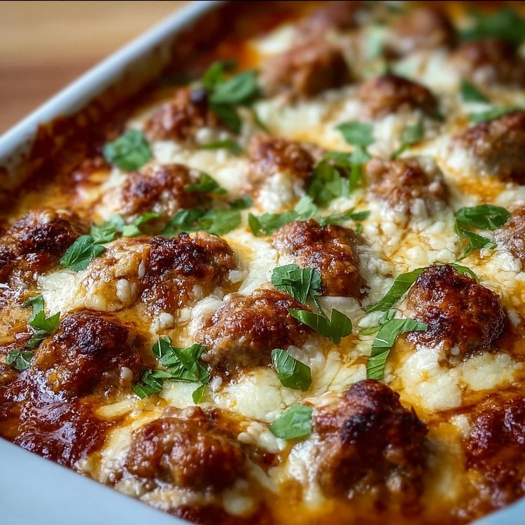 Delicious keto meatball casserole topped with cheese and herbs, perfect for low-carb diets
