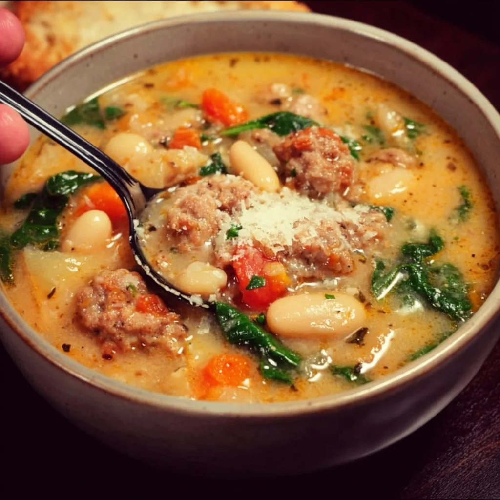 Bowl of Italian Sausage and White Bean Soup garnished with parsley