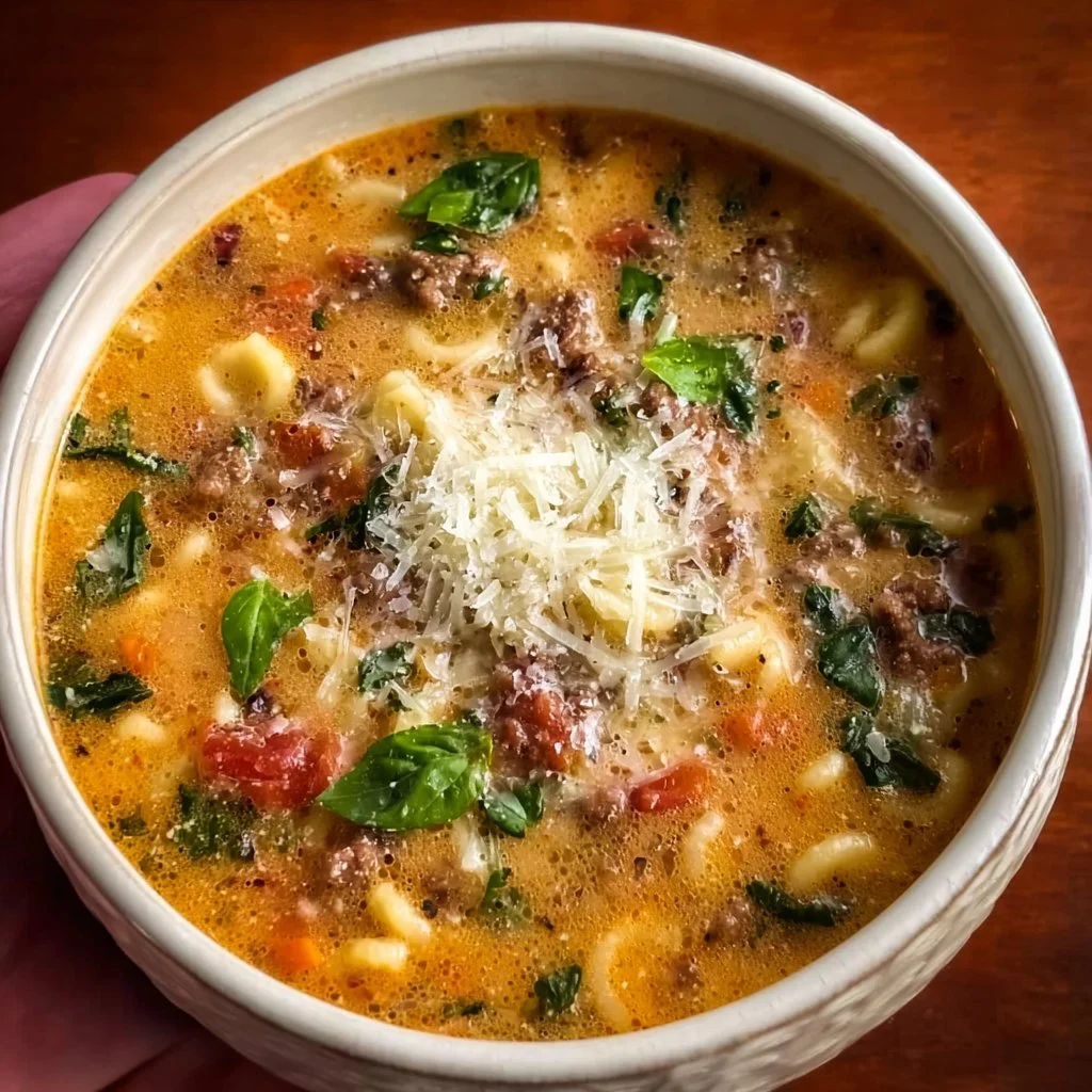 Bowl of hearty Italian Sausage Pasta Soup garnished with herbs