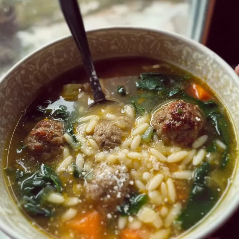 Delicious bowl of Italian Wedding Soup with meatballs and greens.