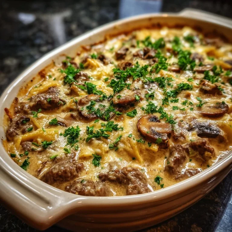 Keto beef stroganoff casserole served in a dish with herbs garnish