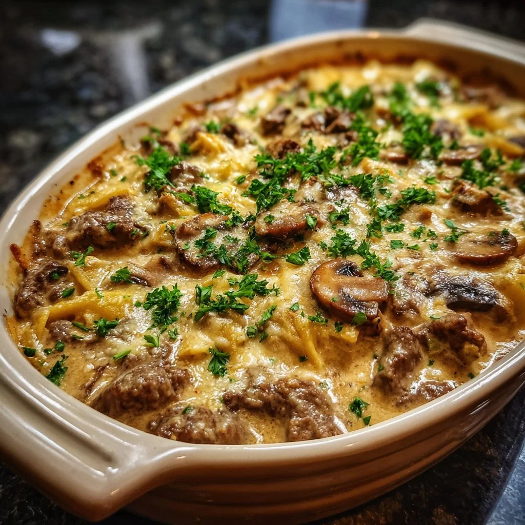 Keto beef stroganoff casserole served in a dish with herbs garnish