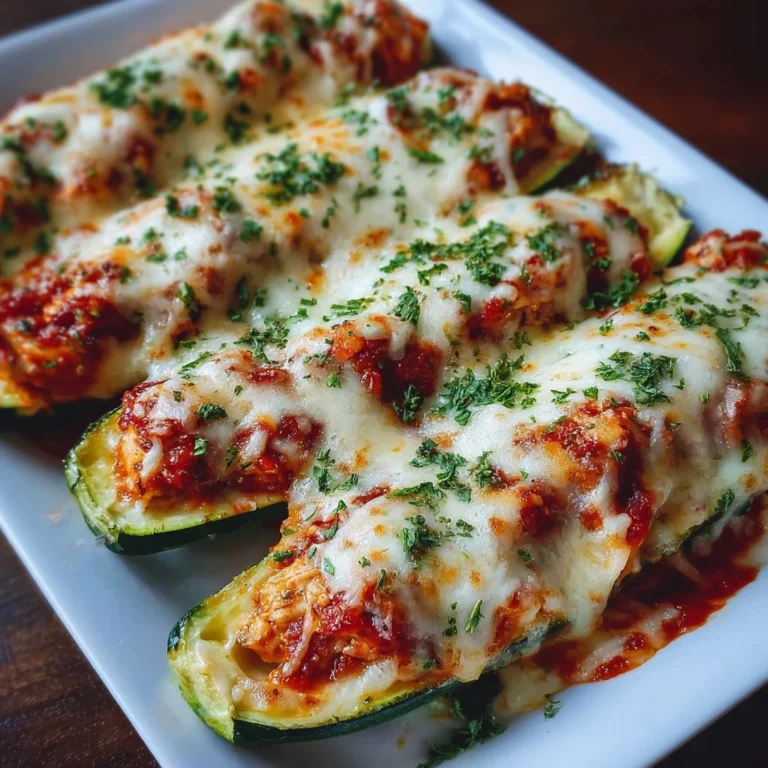 Keto Chicken Parmesan Zucchini Boats topped with melted cheese and herbs