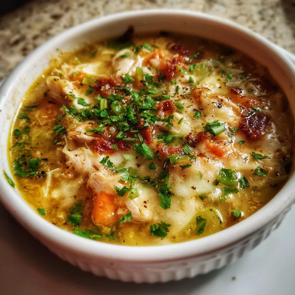 Bowl of Keto Crack Chicken Soup with herbs and spices garnish
