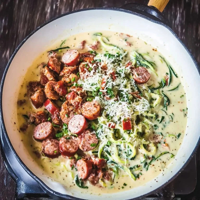 Keto creamy tuscan zucchini noodles with sausage on a plate