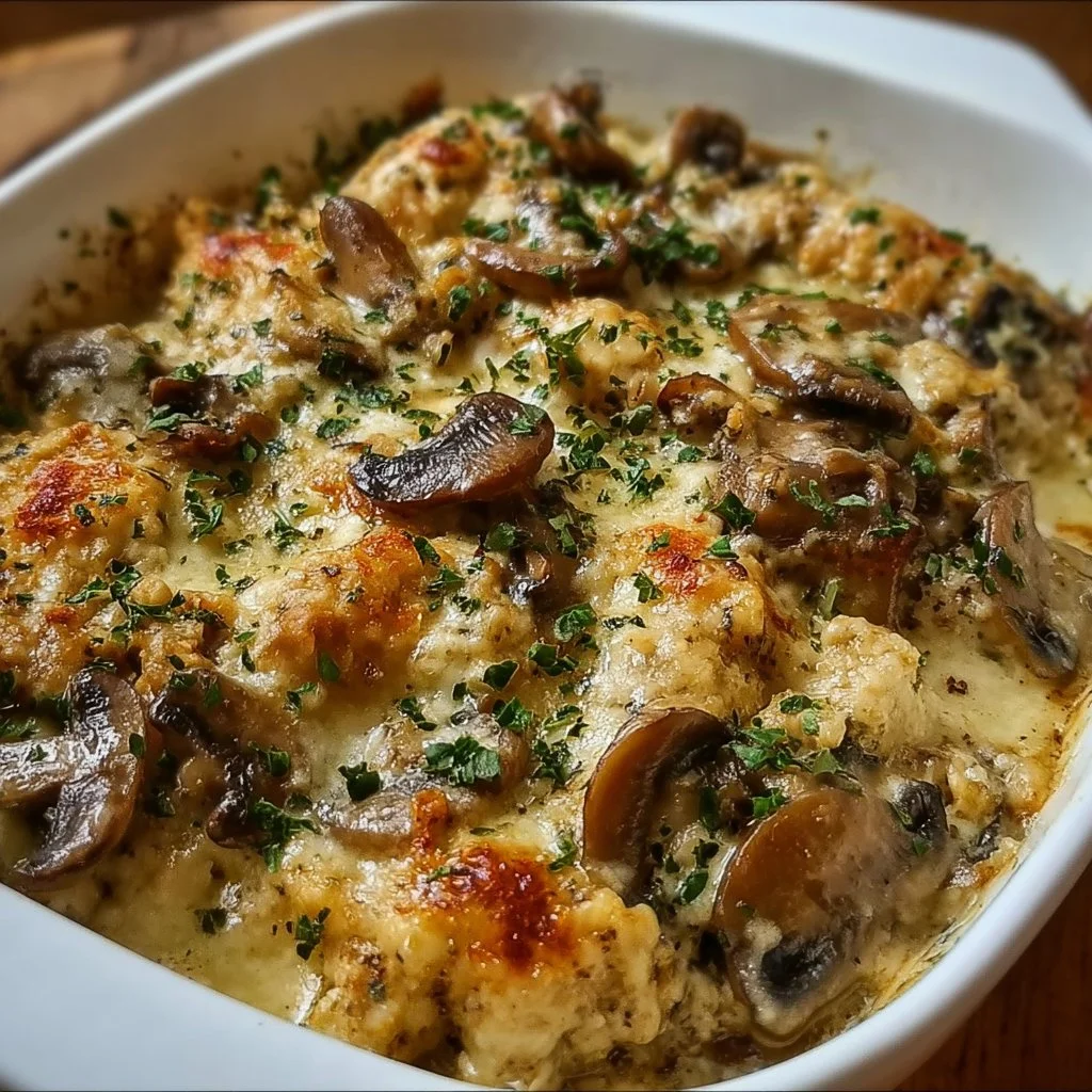 Keto Garlic Mushroom Chicken Casserole garnished with herbs and cheese