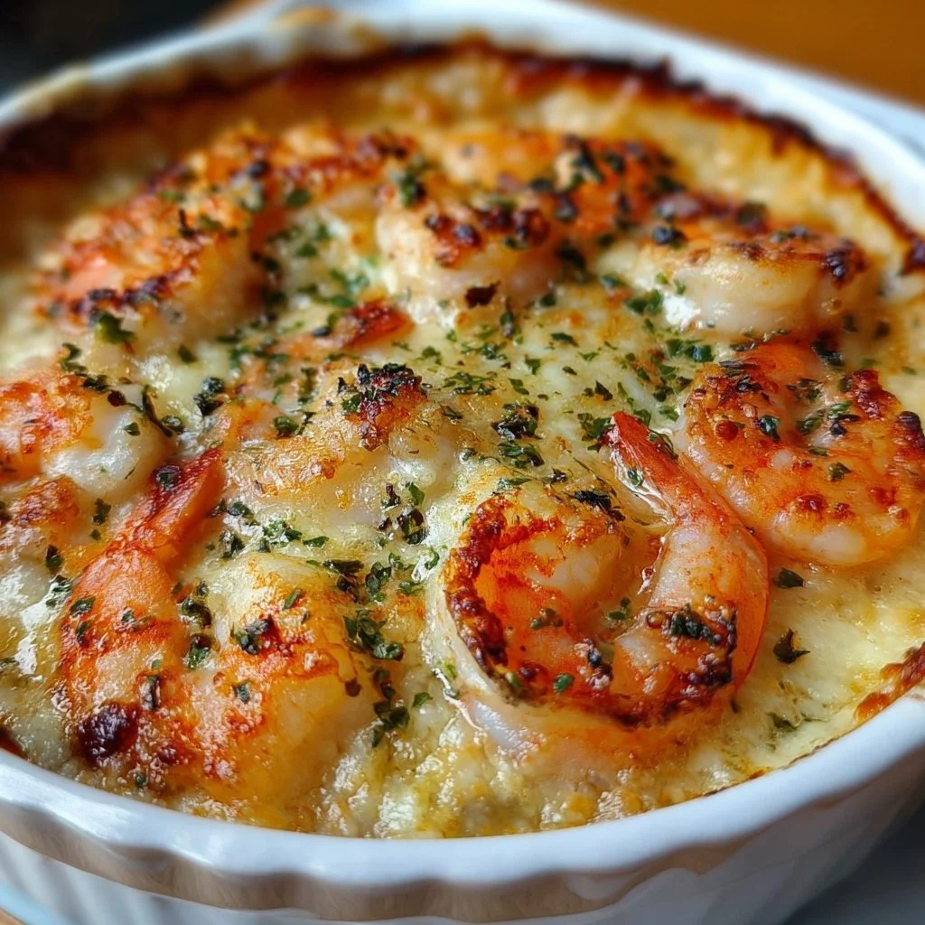Delicious Keto Garlic Shrimp Au Gratin with melted cheese and herbs.