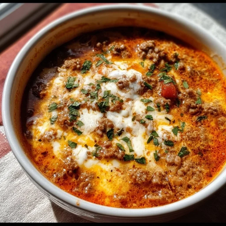 Bowl of Keto lasagna soup garnished with herbs and cheese