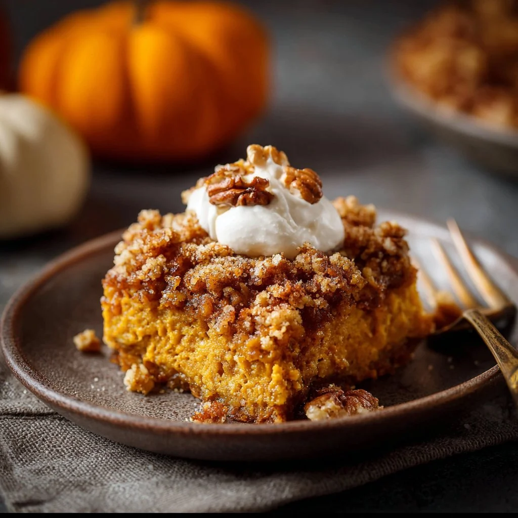 Delicious Keto Pumpkin Crisp dessert topped with whipped cream and cinnamon