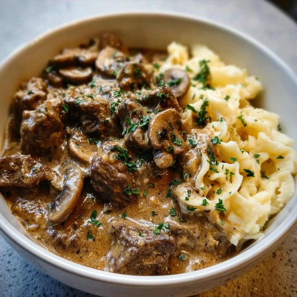 Keto Slow Cooker Beef Stroganoff served in a bowl with mushrooms and creamy sauce.