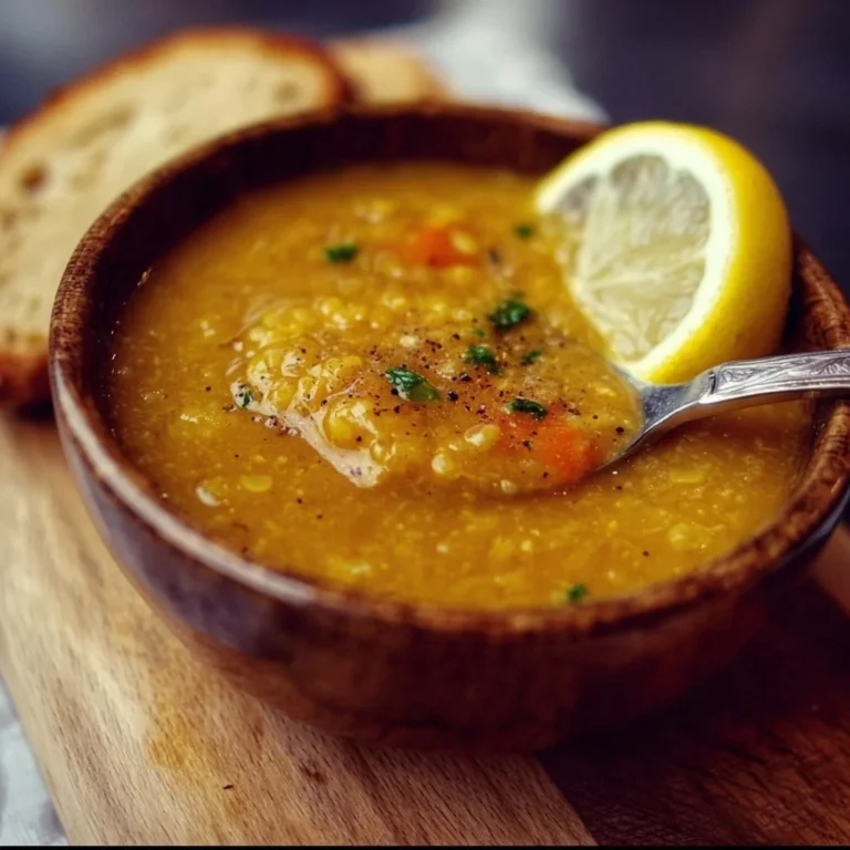 Bowl of Lemon Lentil Soup garnished with lemon slices and herbs
