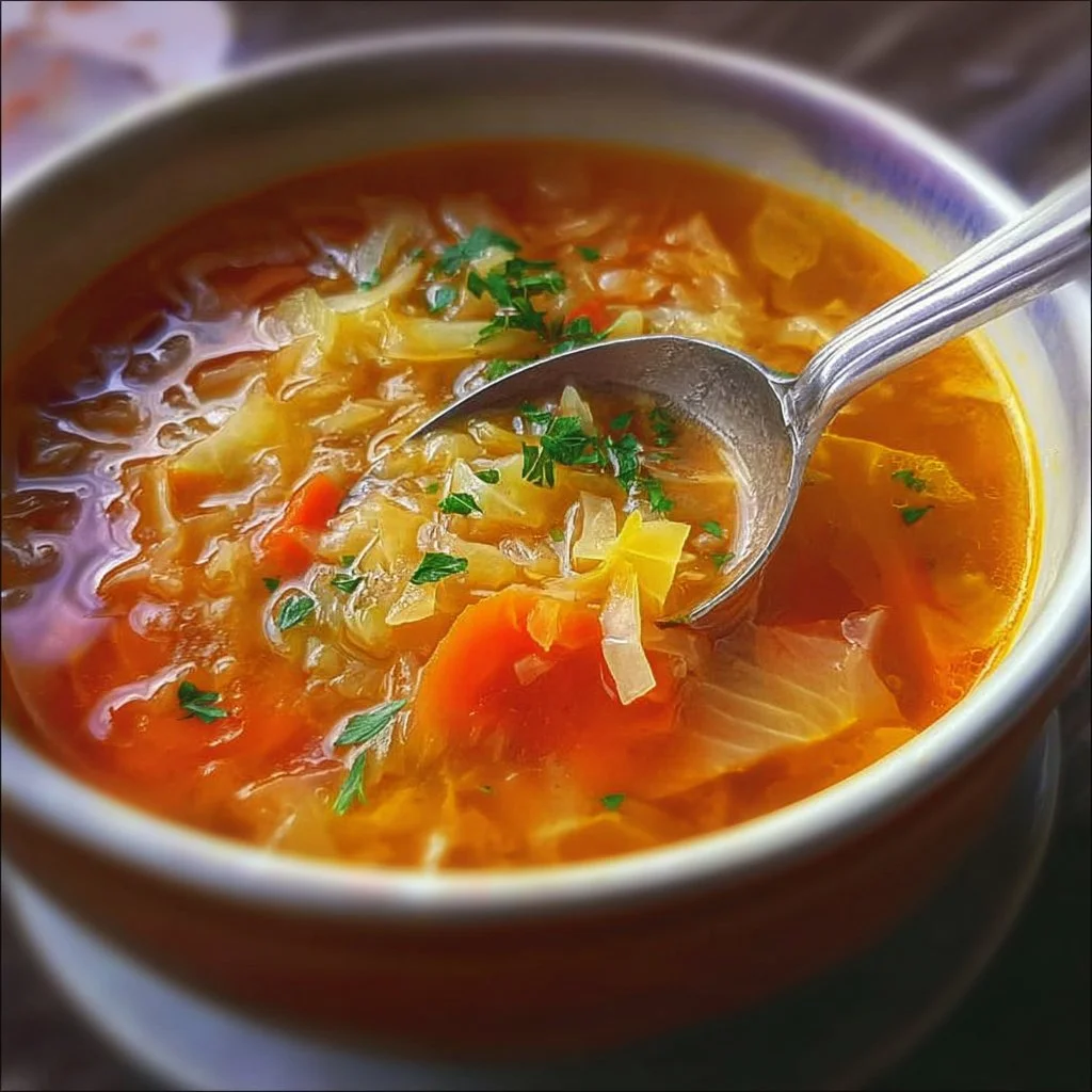 Bowl of low calorie cabbage fat burning soup with fresh ingredients