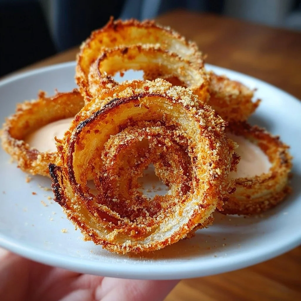 Low-carb baked onion rings served with a dipping sauce