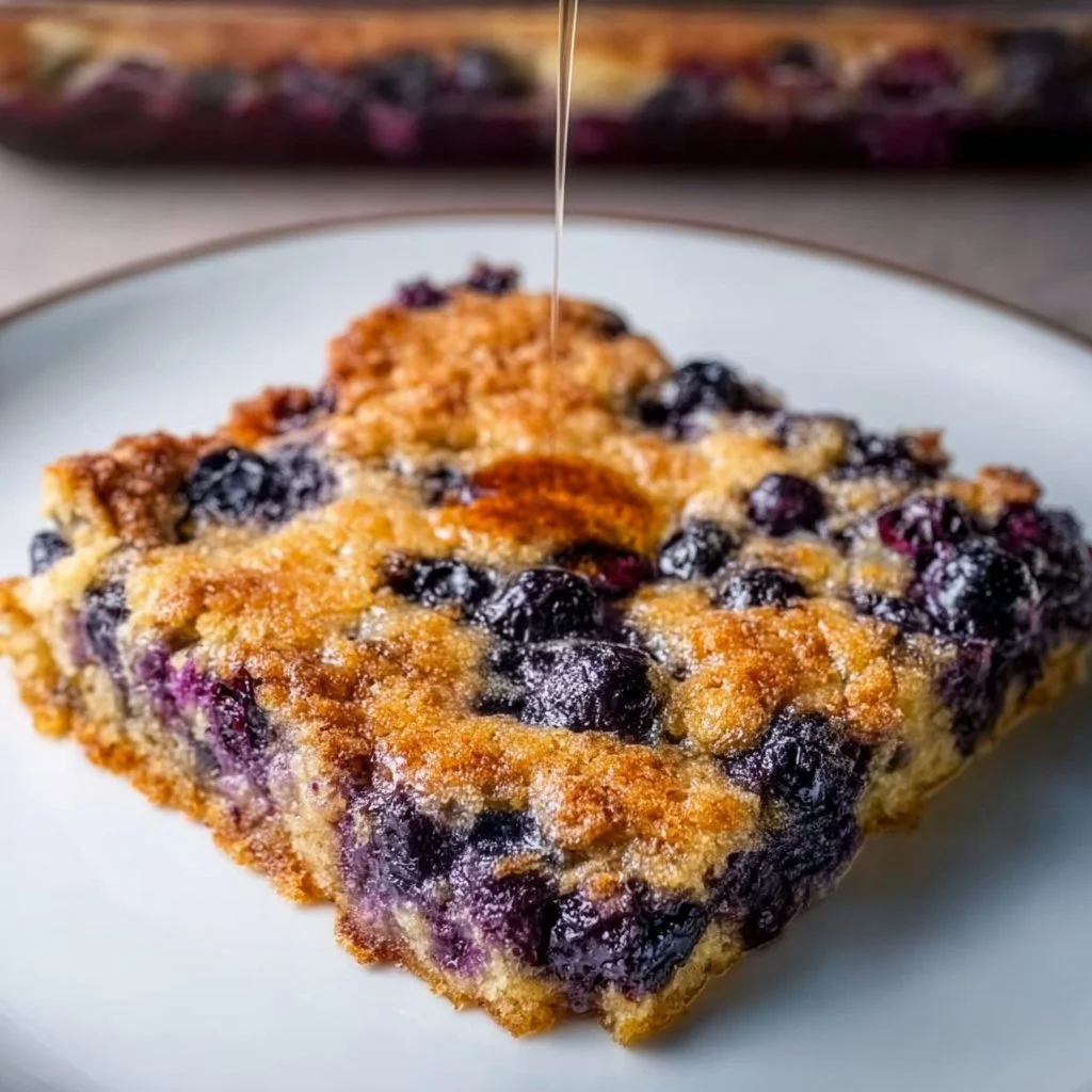 Low carb blueberry dump cake served on a plate with fresh blueberries