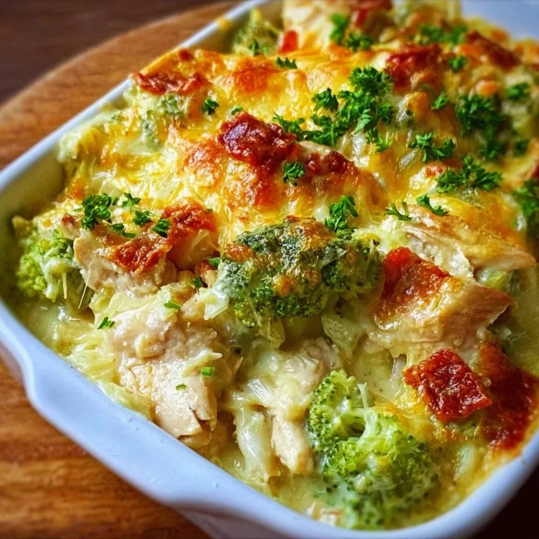 Low carb chicken casserole in a baking dish topped with cheese and herbs