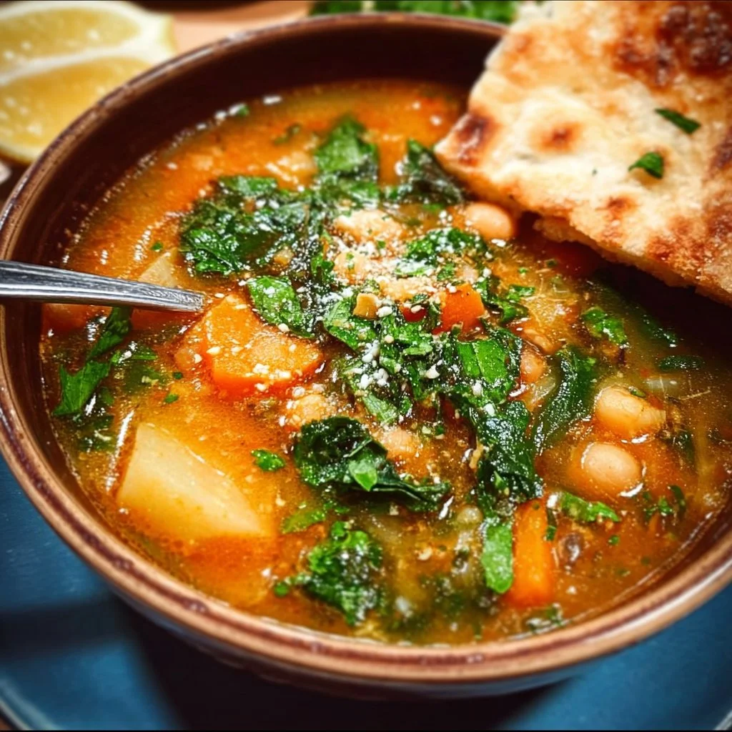 A bowl of vibrant Mediterranean Soup filled with fresh vegetables and herbs.