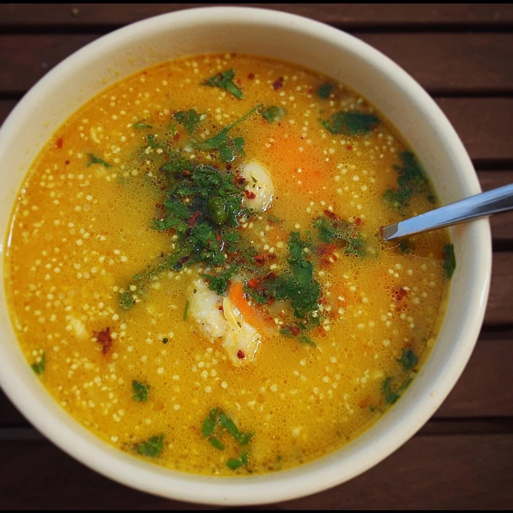 Bowl of nutrient-dense soup loaded with fresh vegetables and herbs.