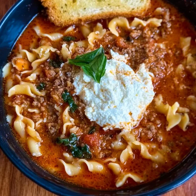 Bowl of hearty One-Pot Lasagna Soup with cheese and herbs