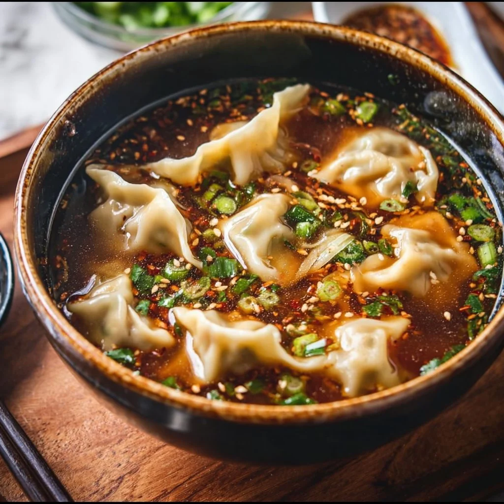 Bowl of comforting Potsticker Soup with dumplings and fresh vegetables