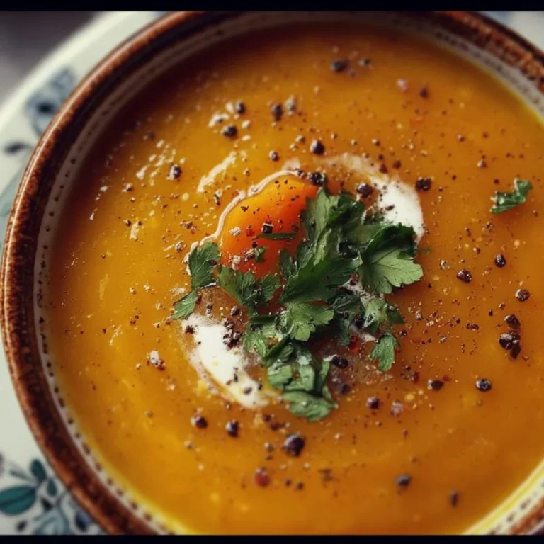 Bowl of spiced carrot and lentil soup garnished with herbs
