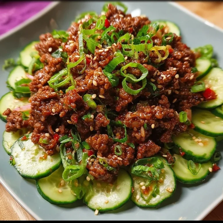 Plate of spicy Keto Korean Ground Beef with cucumber salad on the side