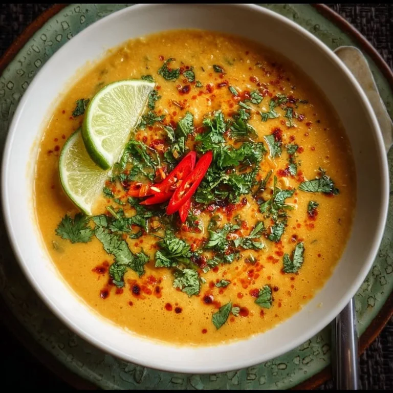 Bowl of Thai coconut red lentil soup garnished with herbs