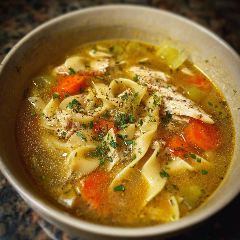 Delicious bowl of roasted chicken noodle soup with fresh vegetables and herbs