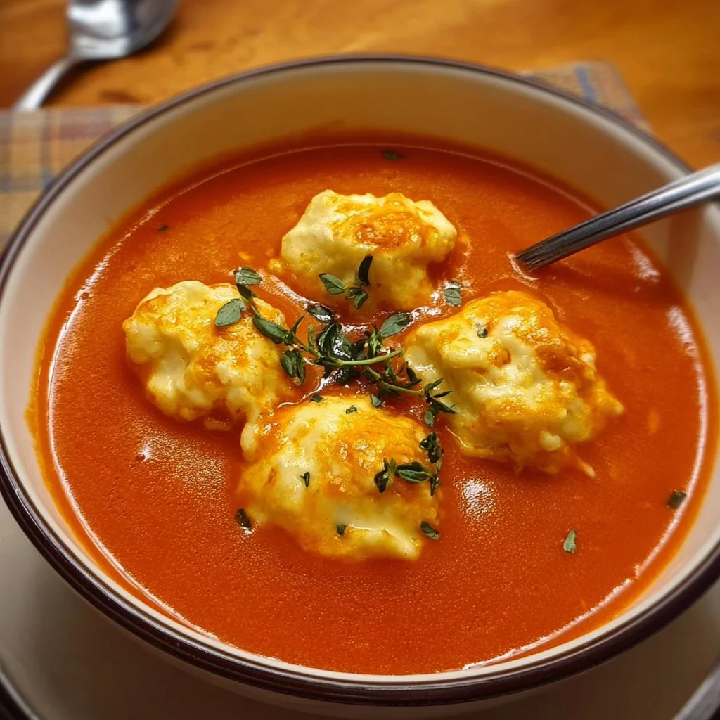 Bowl of tomato soup topped with cheese dumplings, garnished with herbs