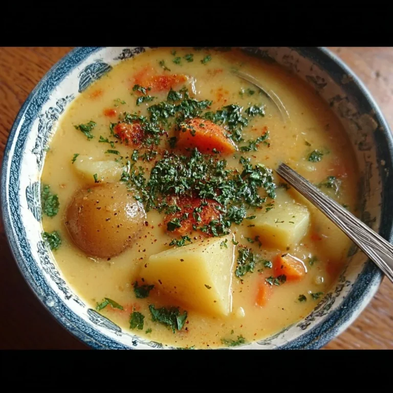 Bowl of Vegan German Potato Soup garnished with fresh herbs