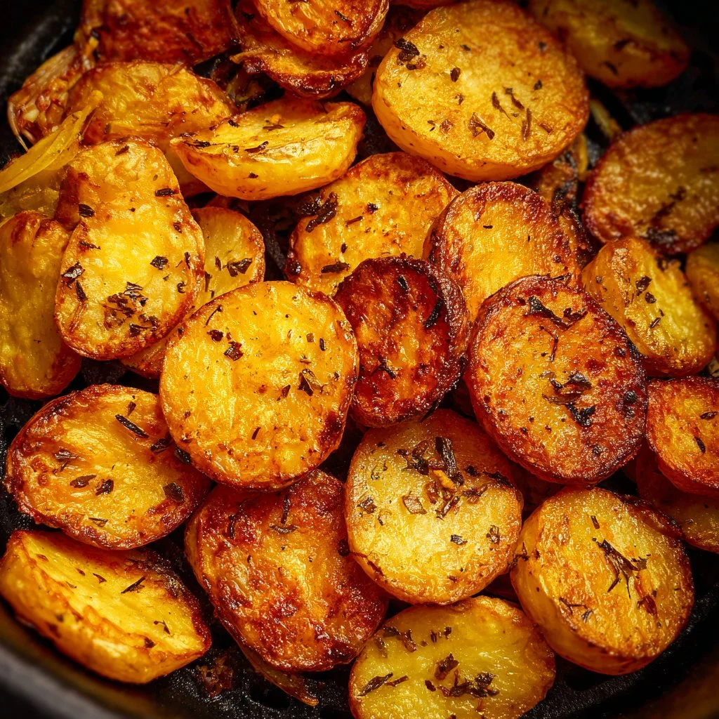 Knusprige Bratkartoffeln aus dem Airfryer serviert auf einem Teller.