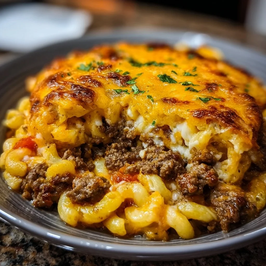 Leckerer Cheeseburger-Auflauf im Ofen zubereitet mit Käse und Hackfleisch.