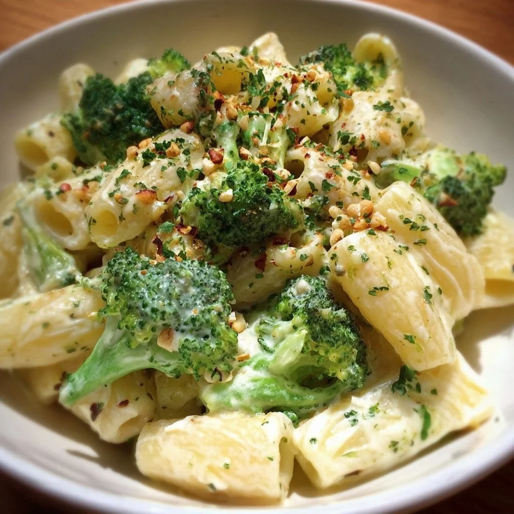 Cremige Nudeln mit Brokkoli auf einem Teller serviert.