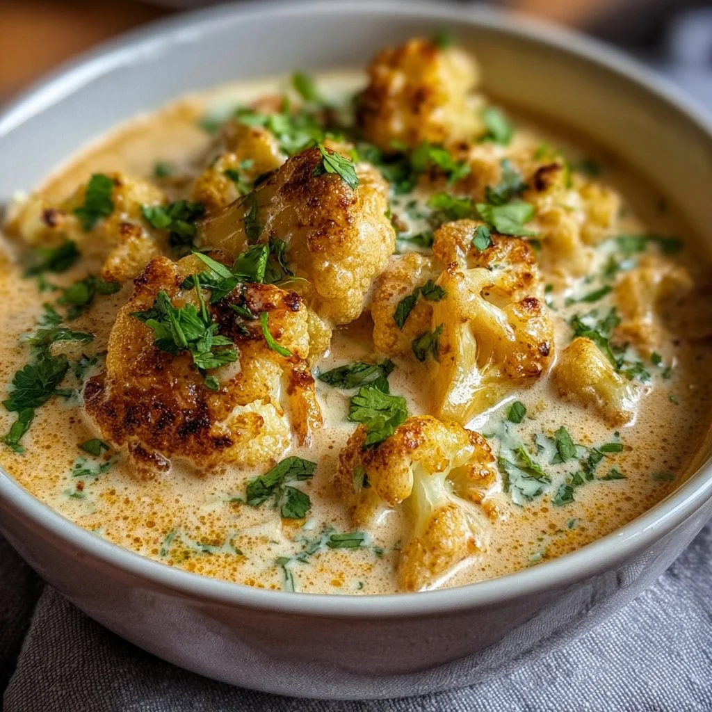 Cremiger Blumenkohl-Curry aus dem Backofen auf einem Teller serviert
