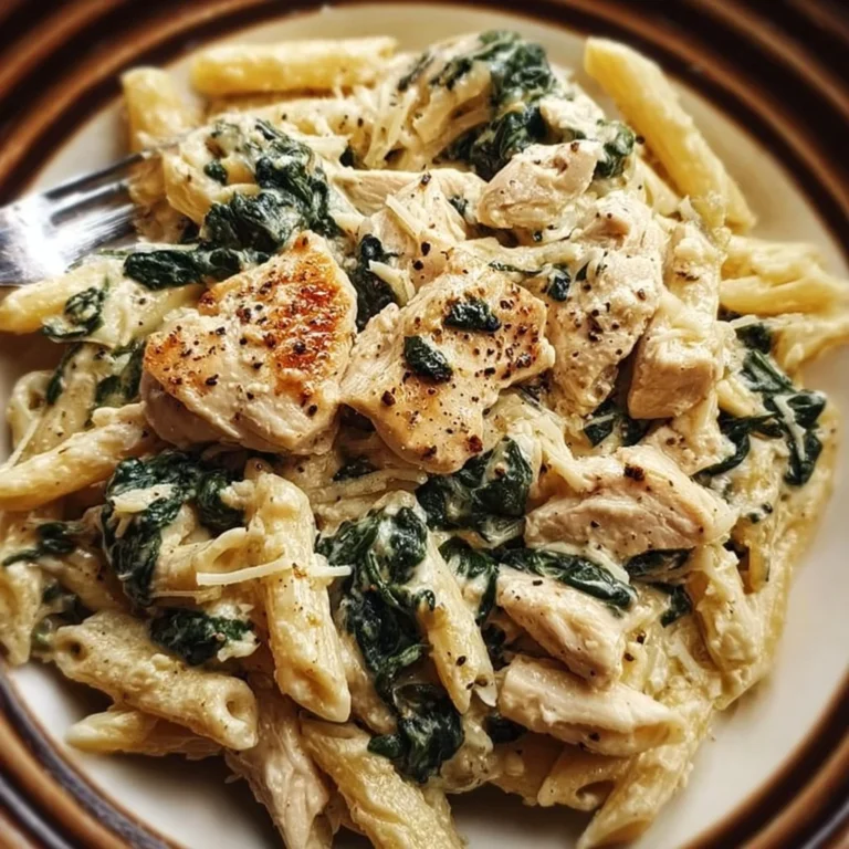 Frischkäse Spinat Hähnchen Pasta mit cremiger Sauce und frischem Gemüse