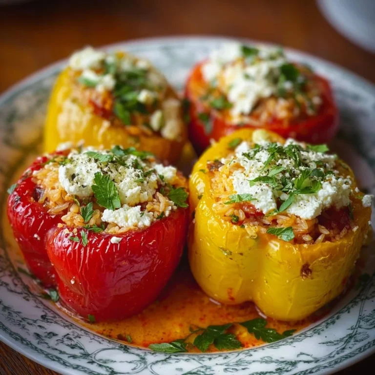 Gefüllte Paprika mit Reis und Feta auf einem Teller serviert