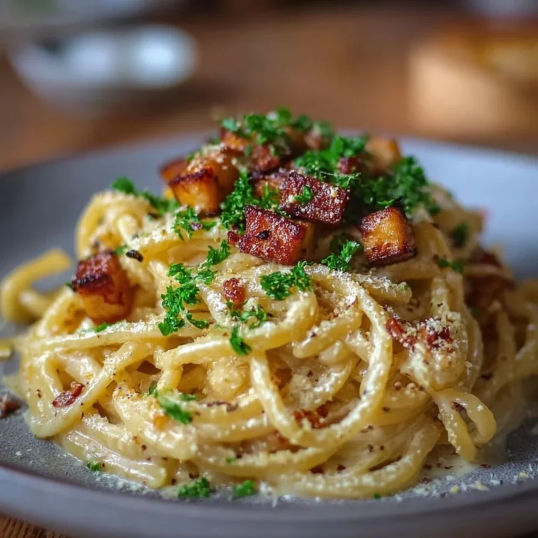Geräucherte Tofu-Carbonara serviert in einer Schüssel