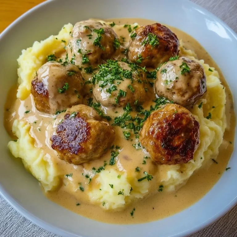 Hackbällchen in cremiger Sauce serviert mit Kartoffelpüree