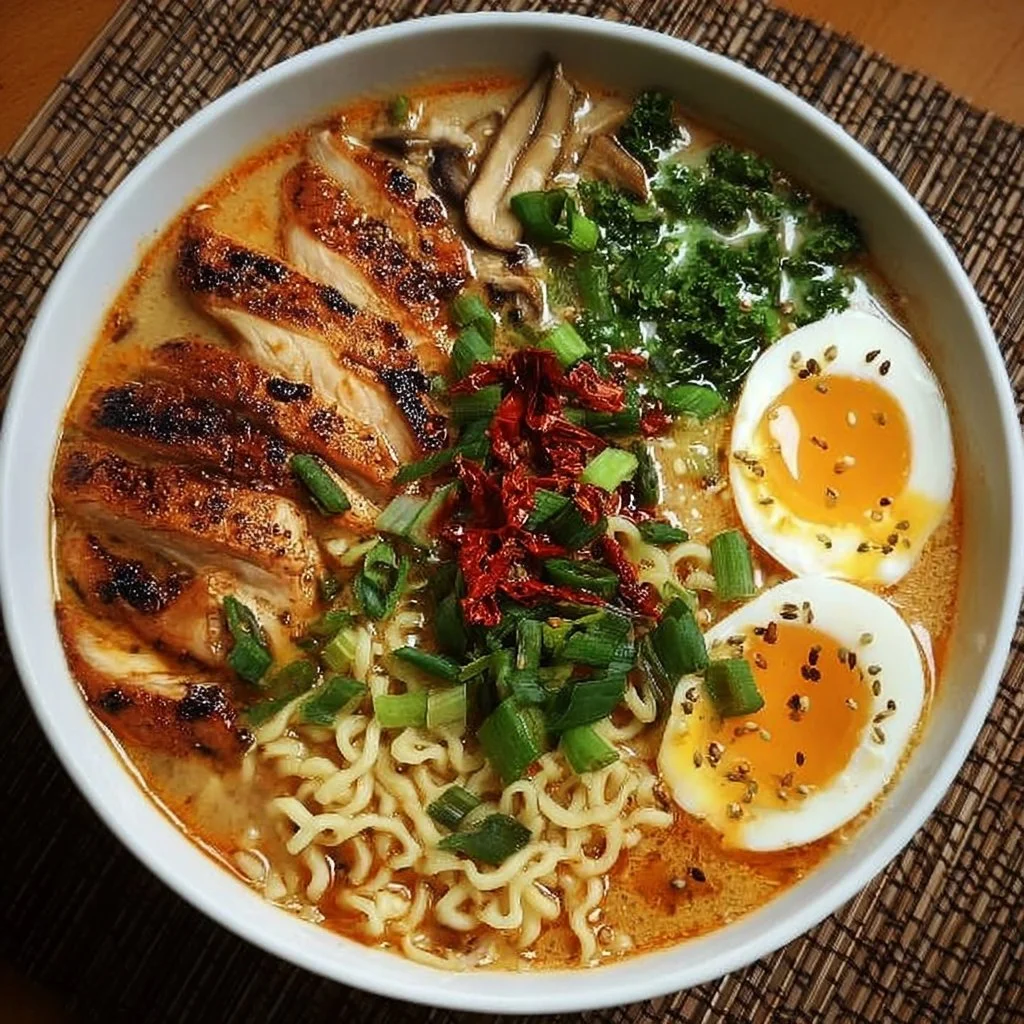 Schälchen mit Hähnchen Ramen, frisch zubereitet und dekoriert.