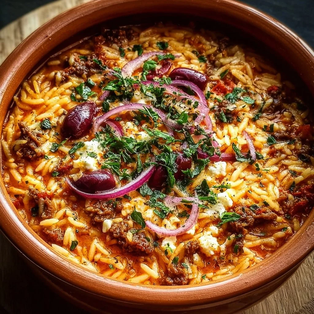 Herzhafte griechische Reispfanne mit Kritharaki auf einem Teller serviert