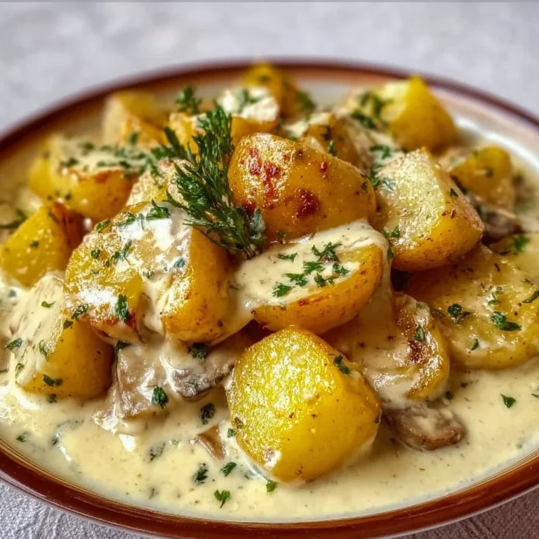 Köstliche Kartoffeln mit Knoblauch-Sahnesauce auf einem Teller serviert.