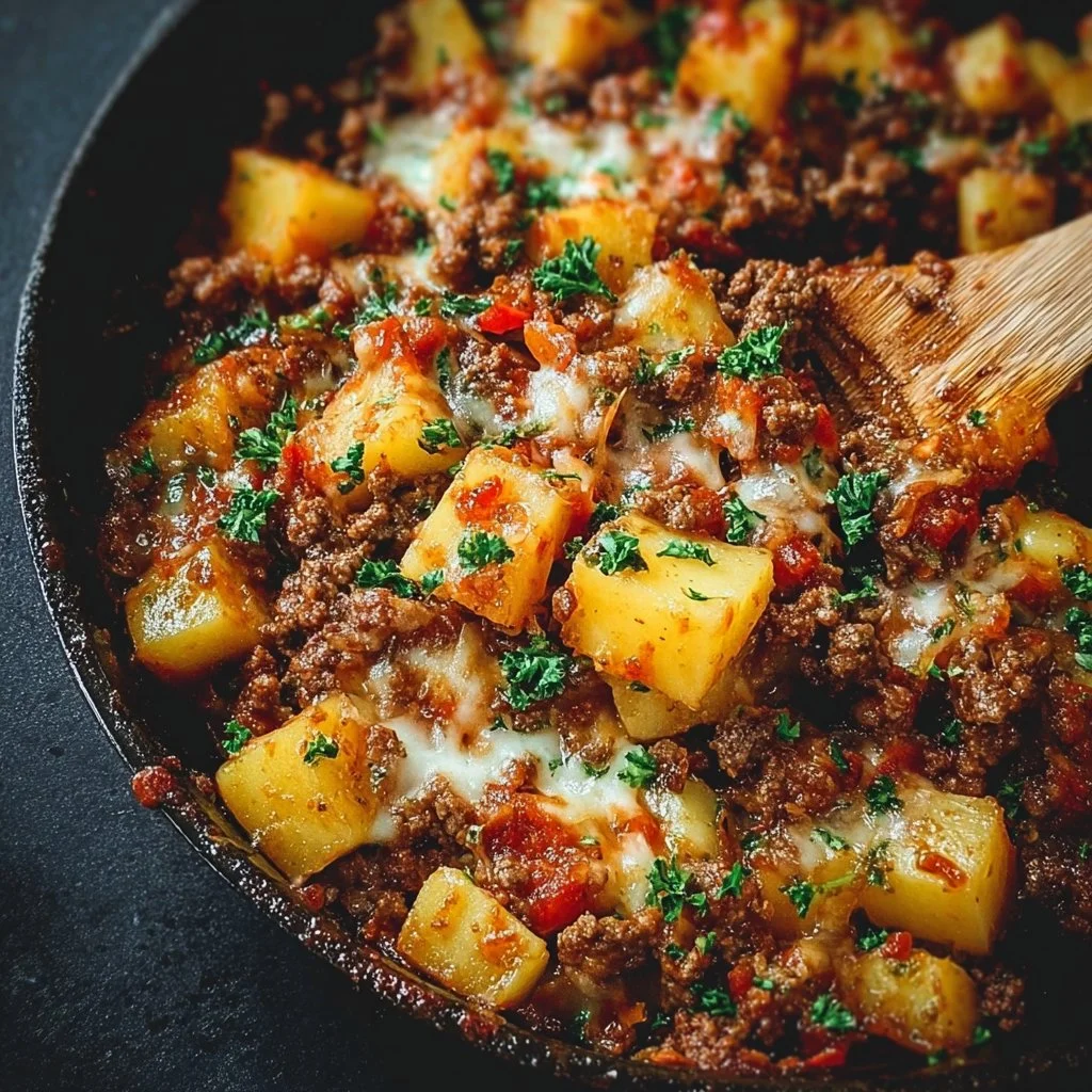 Leckere Kartoffelpfanne mit Hackfleisch auf dem Tisch serviert.