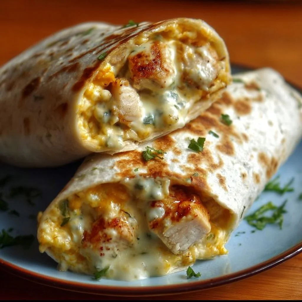 Käse-Knoblauch-Hähnchen-Wraps auf einem Teller serviert.
