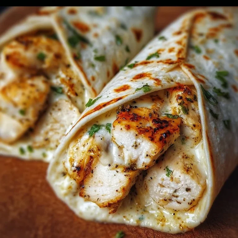 Käse-Knoblauch-Hühnchen-Wraps, garniert mit frischem Gemüse und Kräutern.