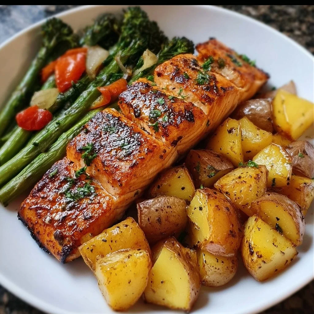 Lachs mit buntem Gemüse aus der Heißluftfritteuse auf einem Teller