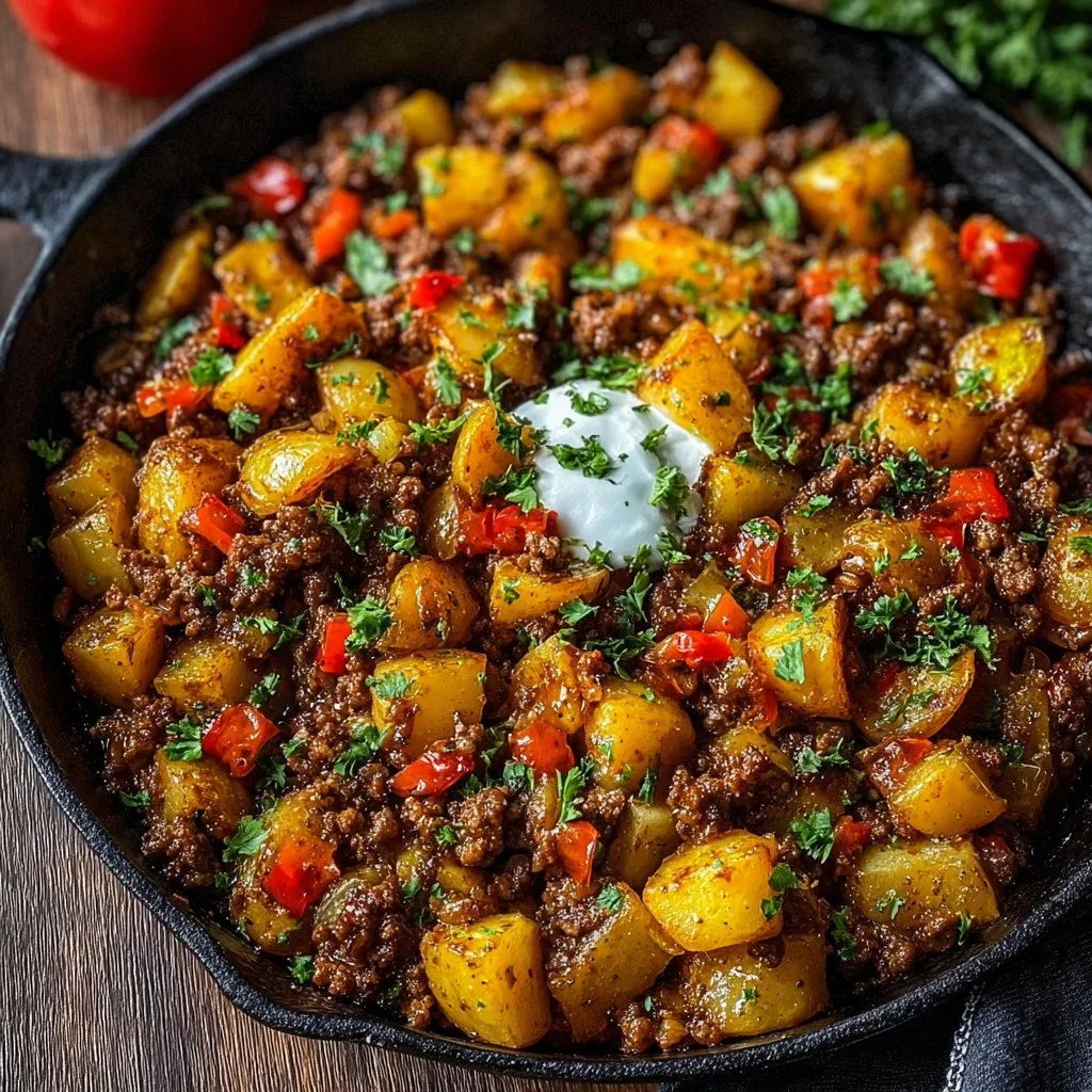 Mexikanische Hackfleisch-Pfanne mit Kartoffeln für 4 Personen zubereitet.