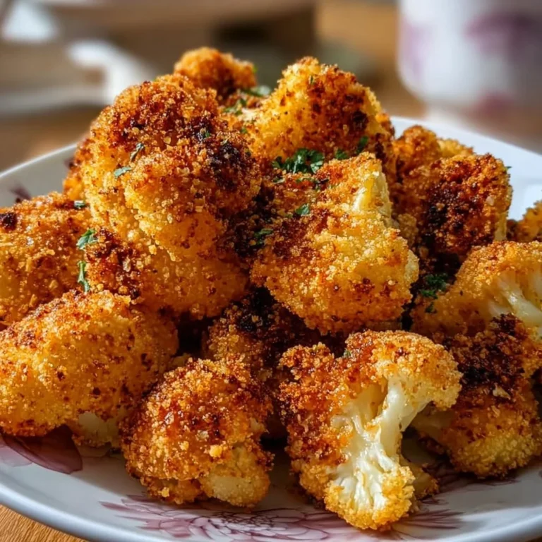 Panierter Blumenkohl aus dem Airfryer auf einem Teller mit Kräutern